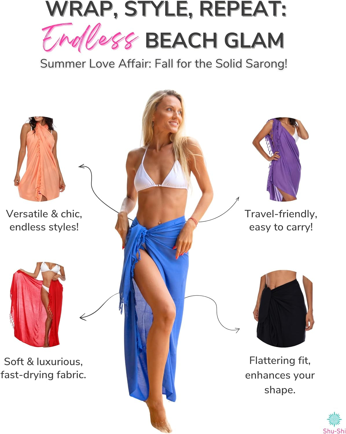 Womens Beach Cover up Sarong Swimsuit Cover-Up Many Solids Colors